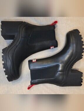 Hunter Original Commando Chelsea Boots Platform Heel Black Rain Boots Women’s 8